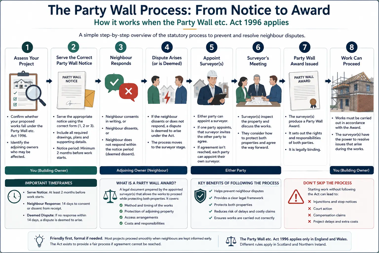 Do I Need a Party Wall Agreement? An infographic showing the party wall process from notice to award in a very interactive way for the citizens living in Sidcup, UK
