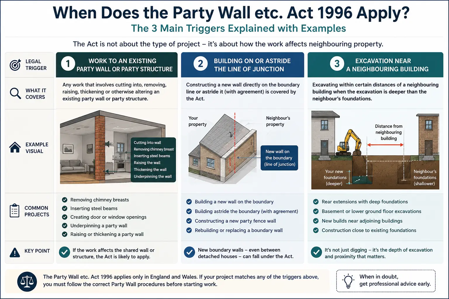 Do I Need a Party Wall Agreement? An infographic showing when does the party wall etc act 1996 apply like excavation, junction, painting, in Sidcup, UK